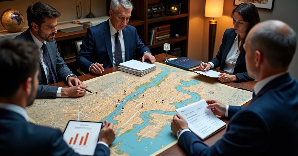 Family office team reviewing NYC expansion strategy over detailed neighborhood map 