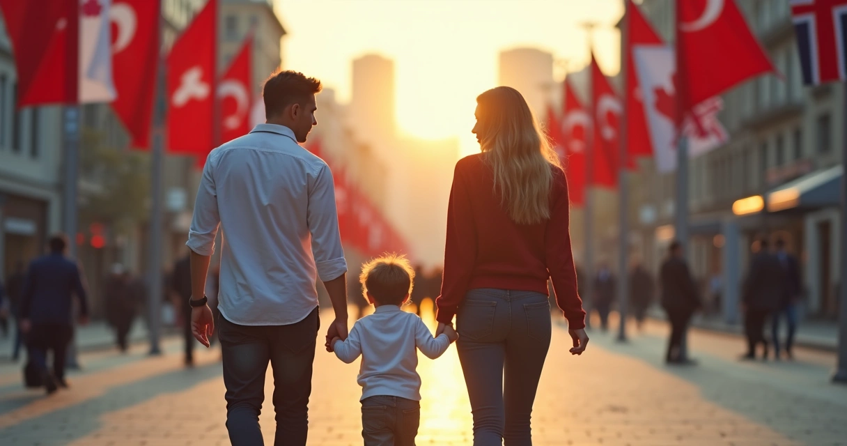 Family walking together in foreign city during global work assignment 