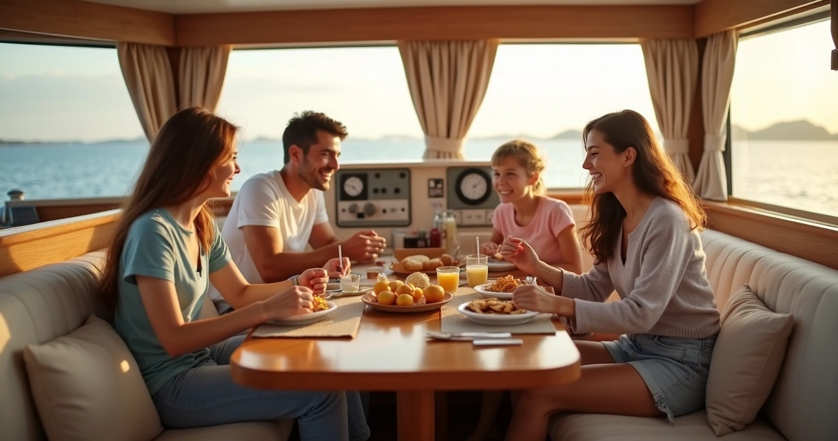 Family relaxing inside boat cabin 