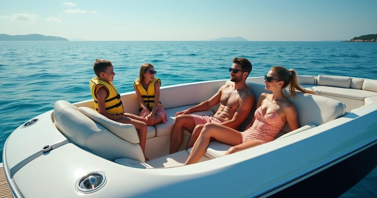 Family relaxing on a luxury boat in open water 
