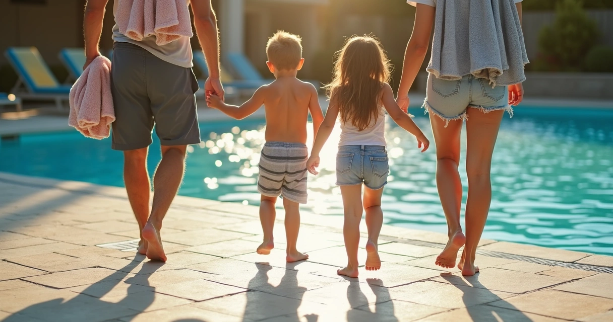 Family walking safely on textured pool deck pavers