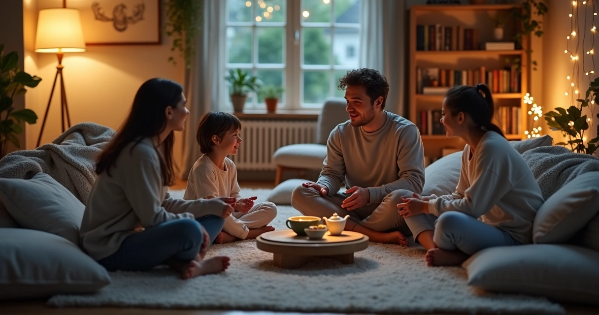 Family sitting on living room floor in a circle talking calmly together 