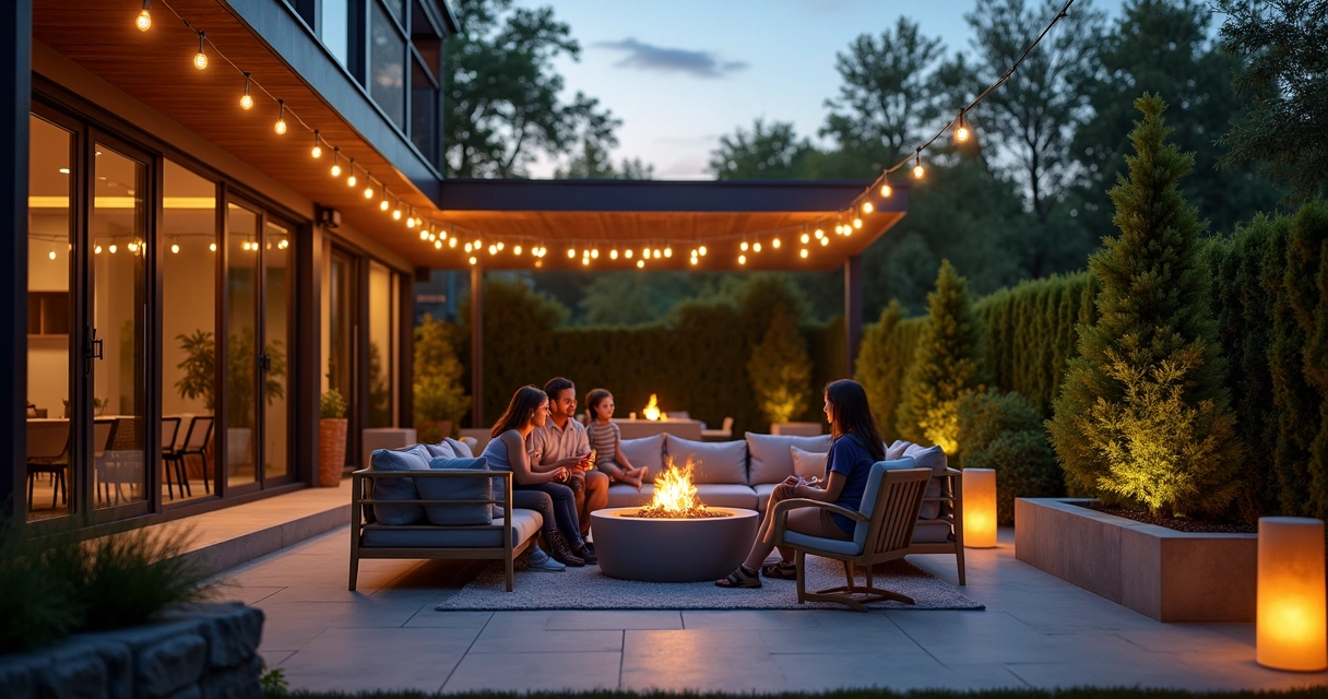 Family enjoying illuminated outdoor patio