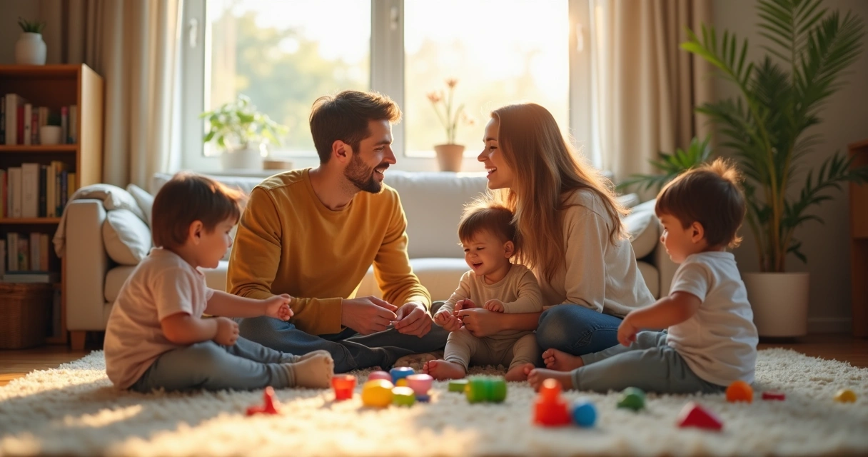 Happy parents and children enjoying time together on a living room floor. 