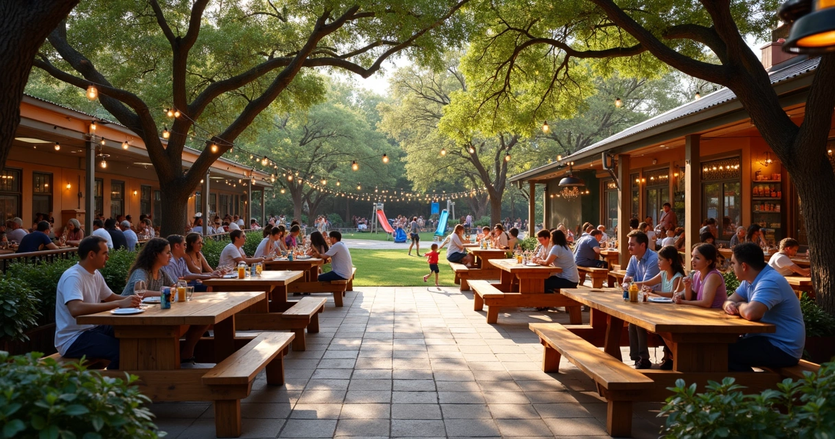 Family enjoying outdoor meal on restaurant patio with kids playing nearby