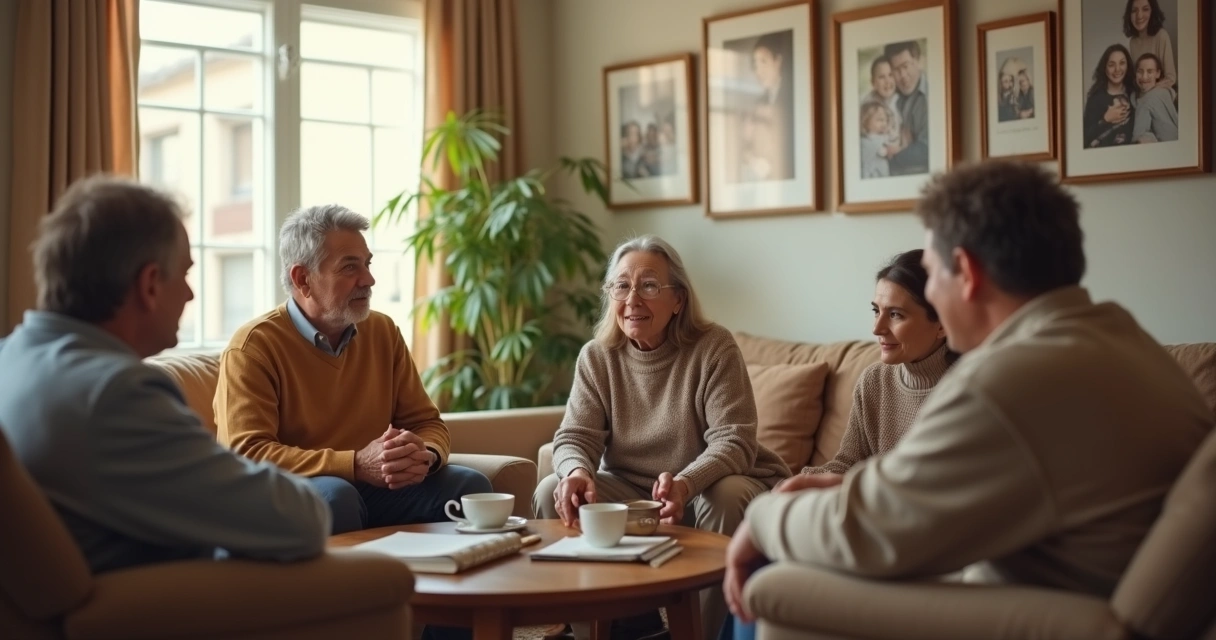 Family members in a calm living room conversation circle