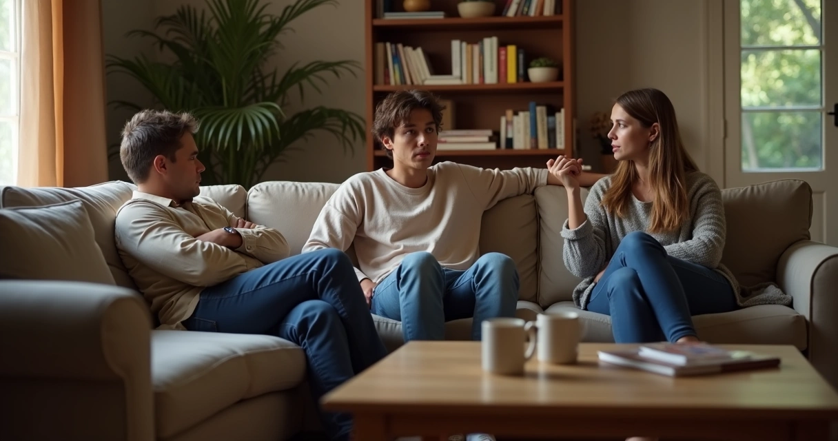 Family seated in a living room during a tense conversation