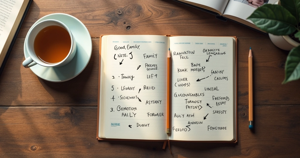Open journal with family notes and a cup of tea 