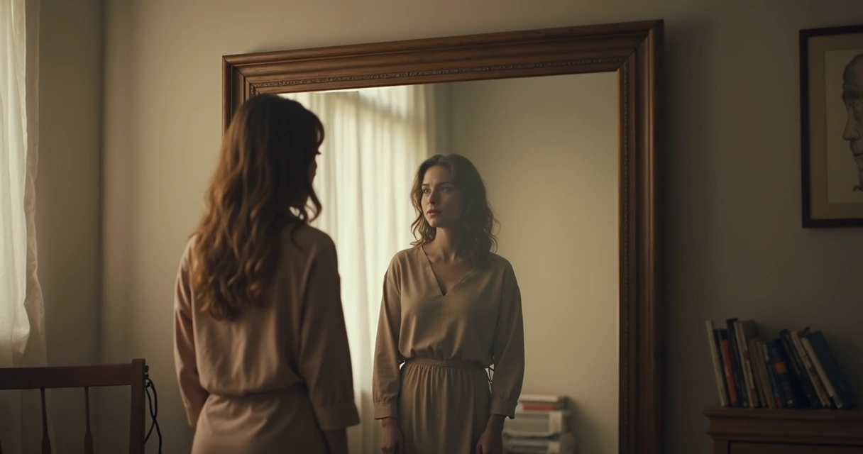 Person looking at layered family reflections in a mirror 