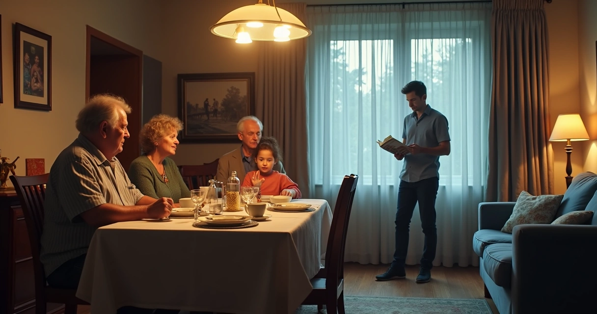 Adult looking at a split reflection, one side traditional family dinner, other side modern, individualistic setting 