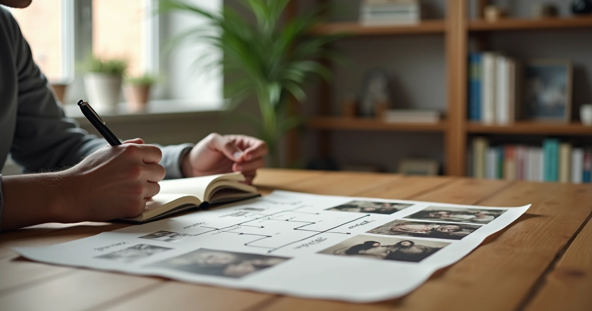 Adult reflecting on family photos and relationship patterns 