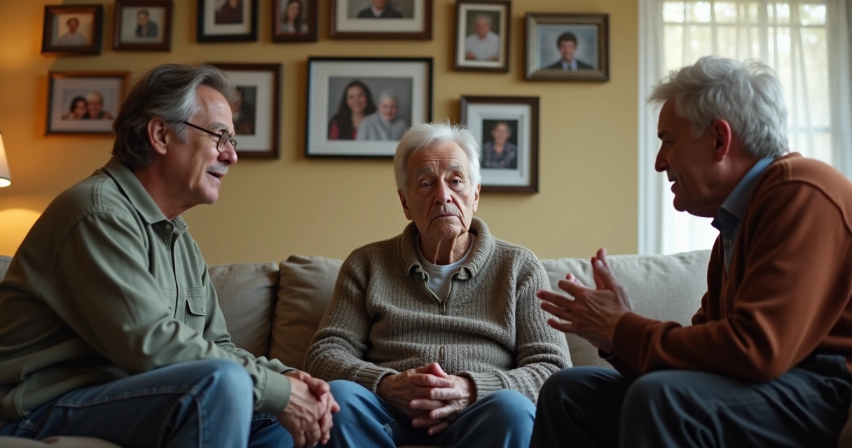 Adult siblings in a living room, engaged in a thoughtful conversation, with family photos in the background 
