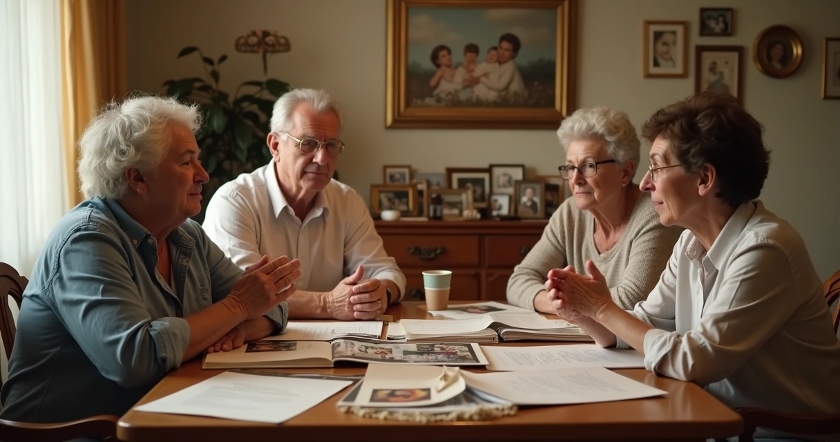 Family members sitting around a table in deep conversation
