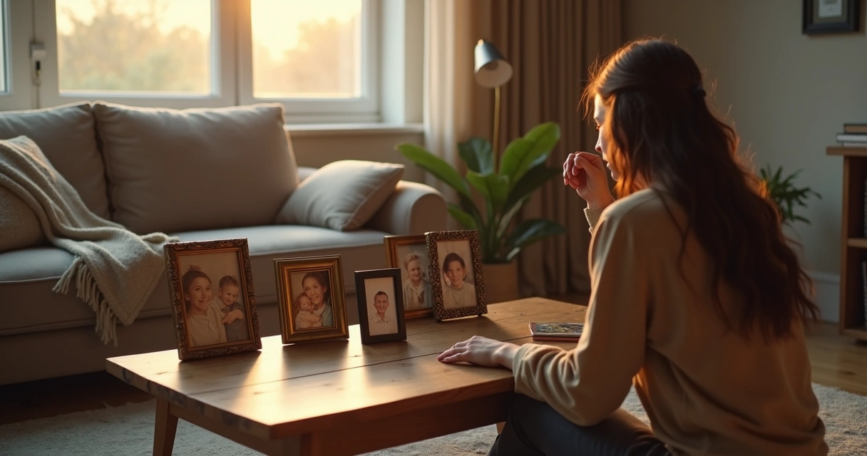 Adult noticing generational echoes while looking at framed family photos 