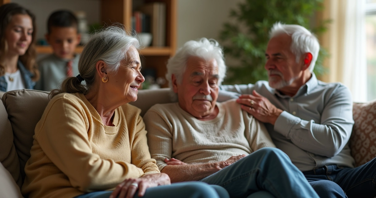 Three generations of a family sitting together in a living room. 
