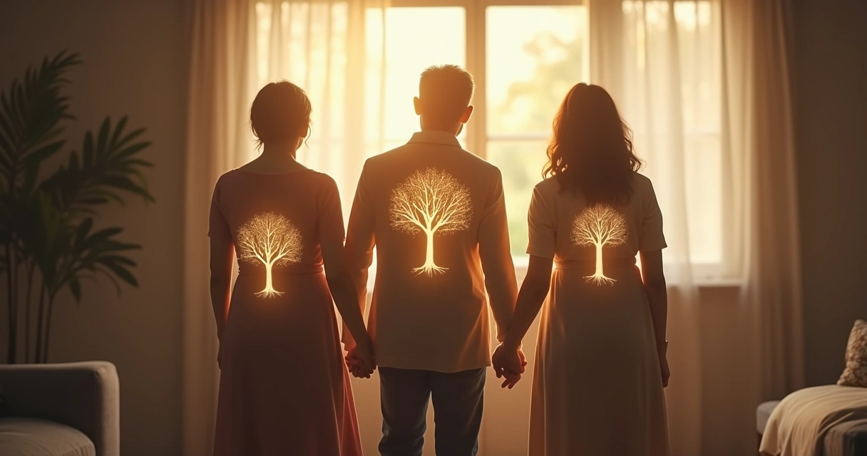 Three generations of a family connected by overlapping silhouettes and light patterns 
