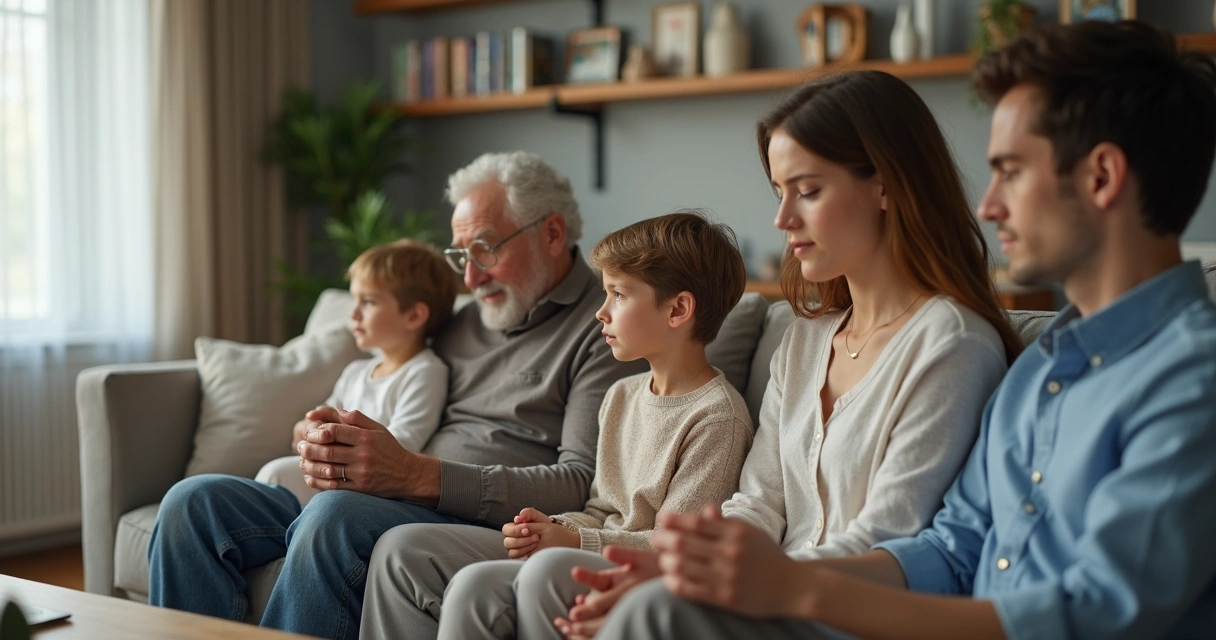 Three generations of a family sitting together with invisible strings connecting them 