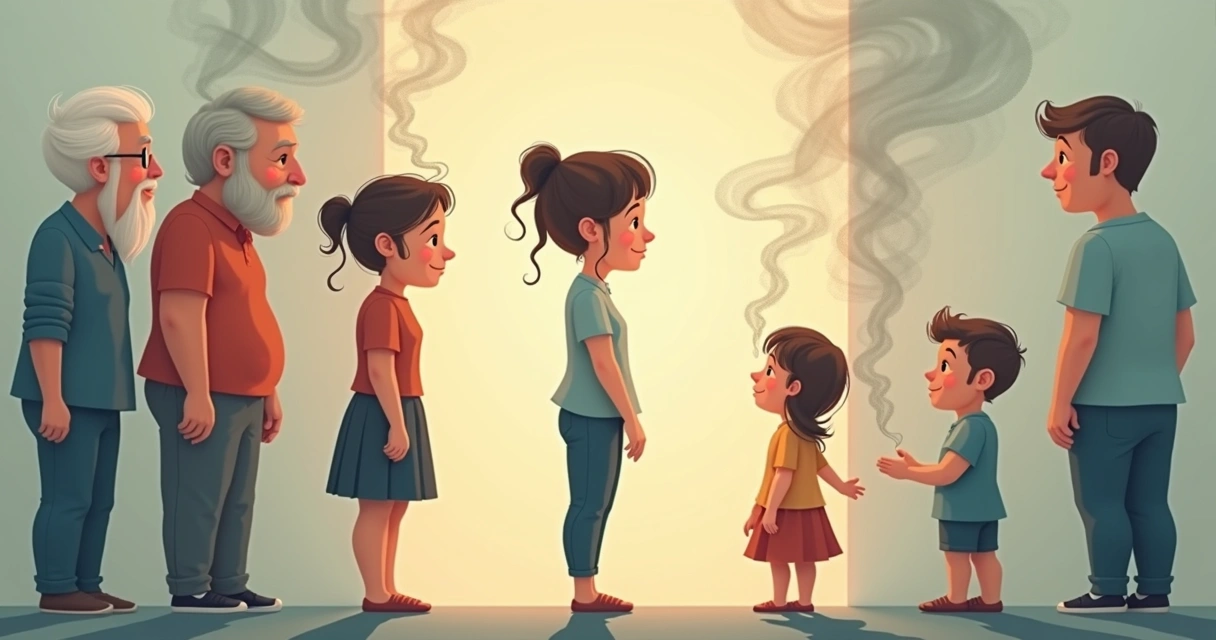 Conceptual art of generational patterns flowing from parents to a young adult at the center. 