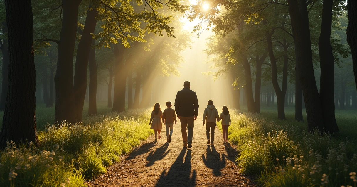 Person walking along a path with family shadows behind