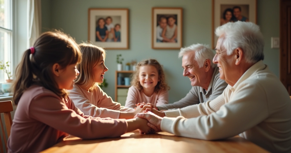 Multigenerational family members holding hands across a table 