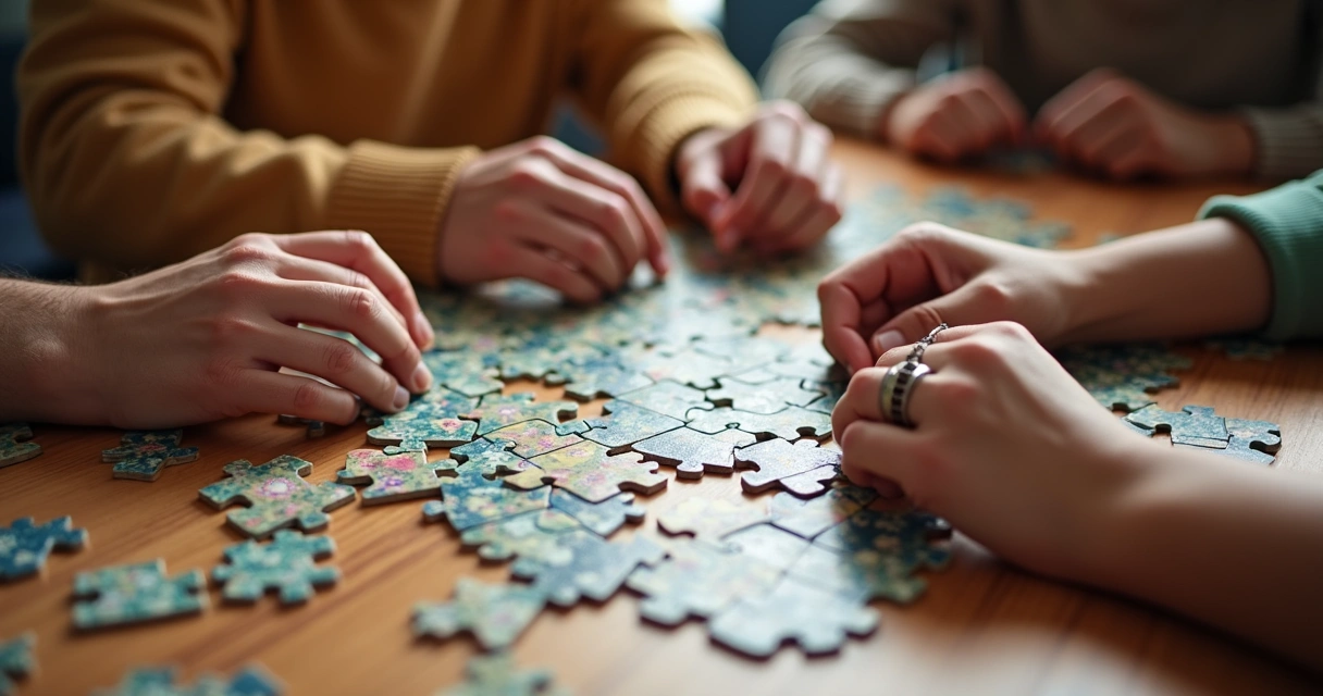 Hands of different family members assembling a puzzle together.