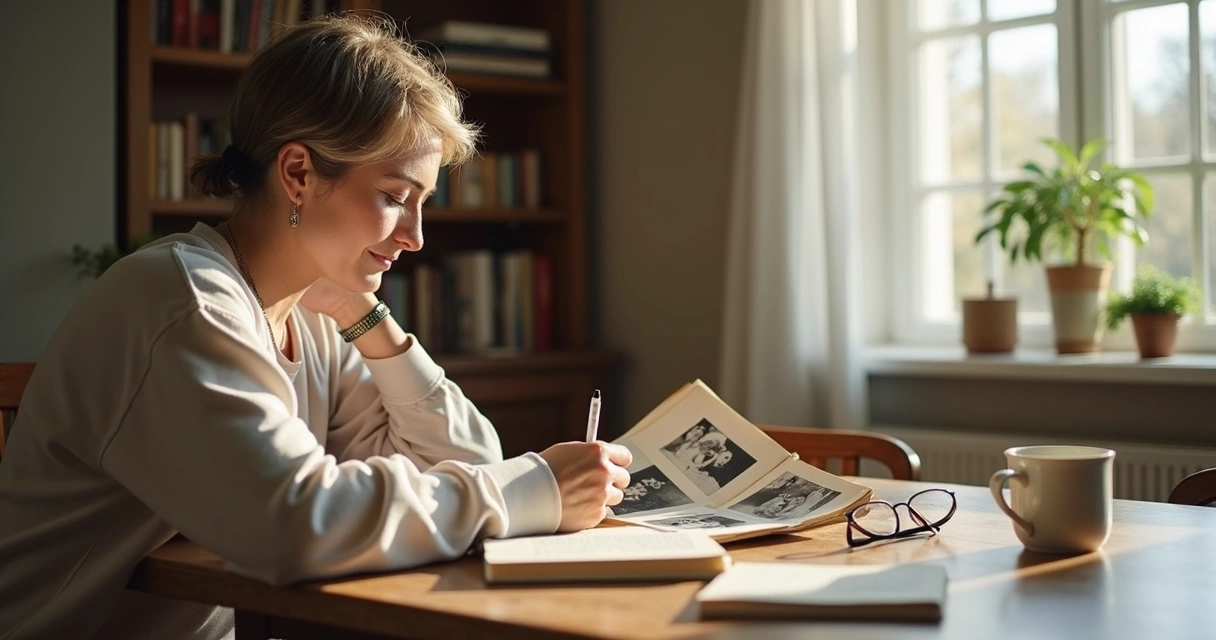 Adult looking at family photos and writing notes 