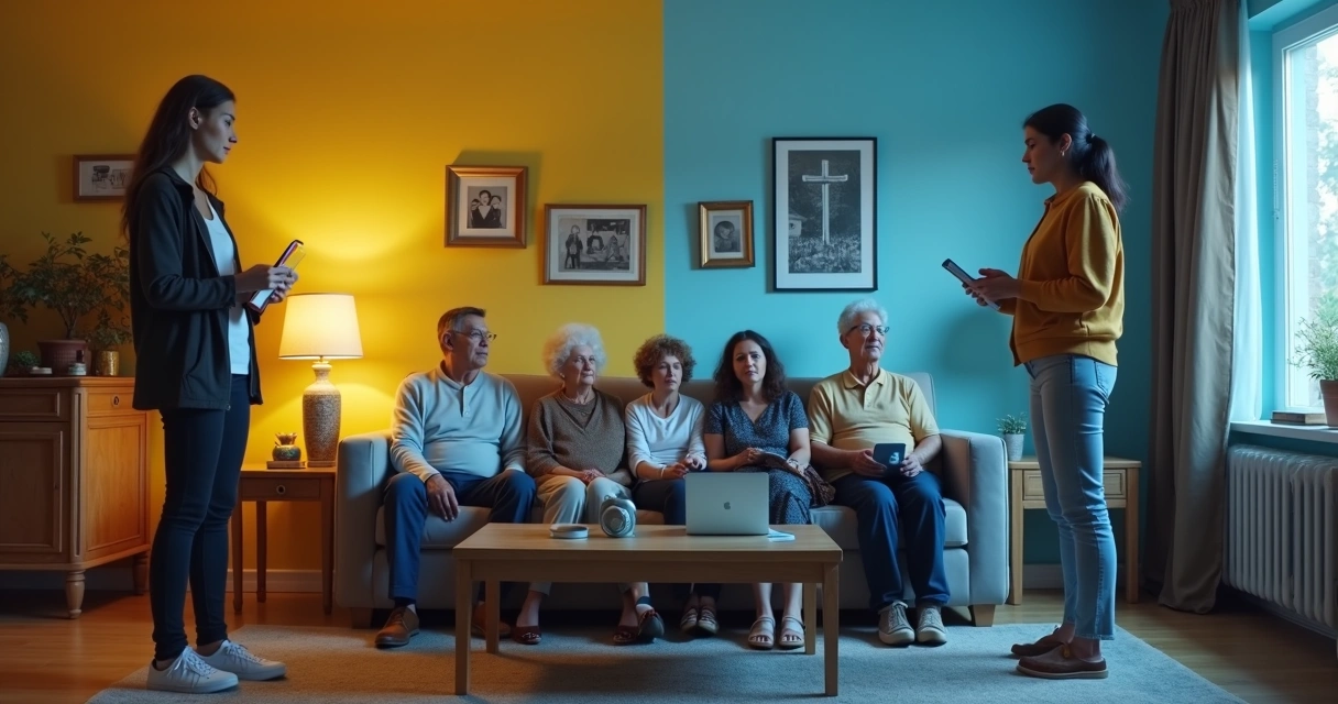 Family sitting together split between traditional expectations and modern social roles 