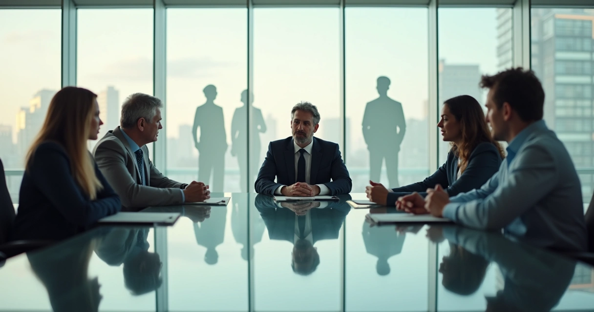 Office team in meeting room with ghostly family silhouettes overlaying their interactions 
