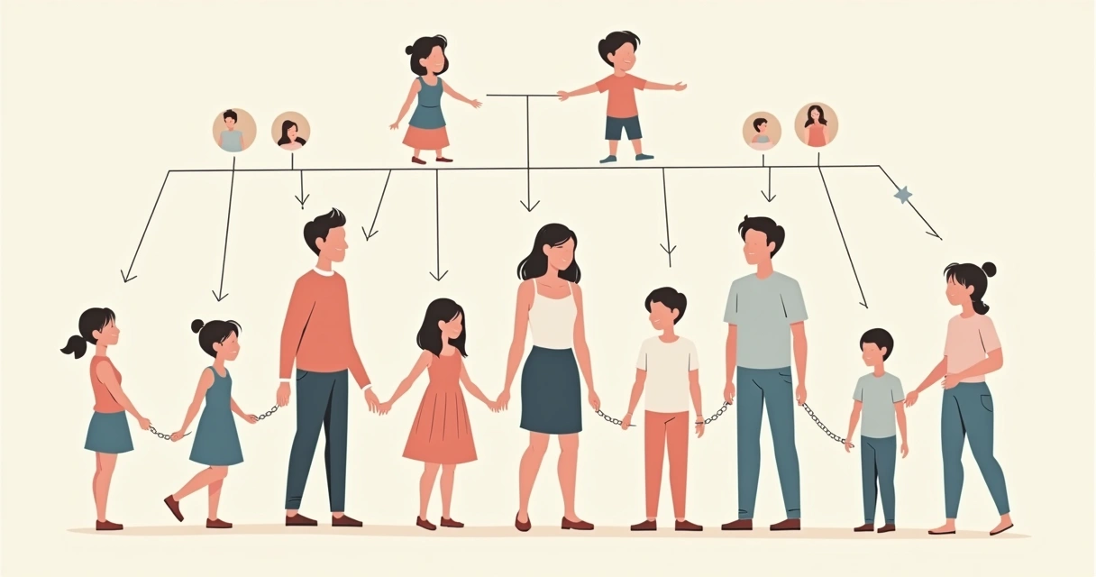 Family tree illustration with highlighted repeating patterns among members. 