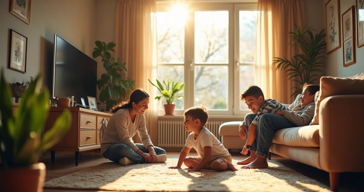 Family enjoying time together in living room with sunlit windows 