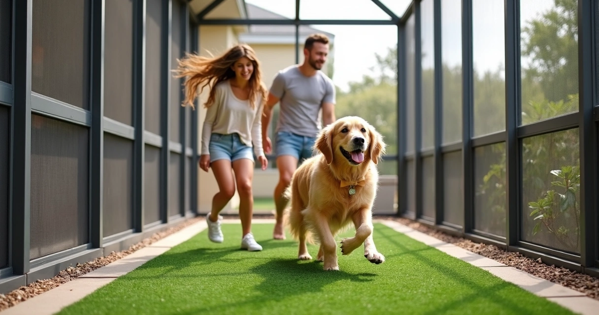 Family enjoying upgraded screened enclosure with pets 
