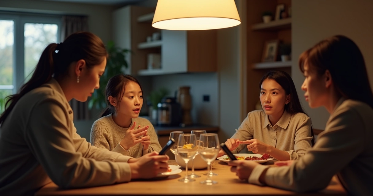 Family at dinner with phones on the table