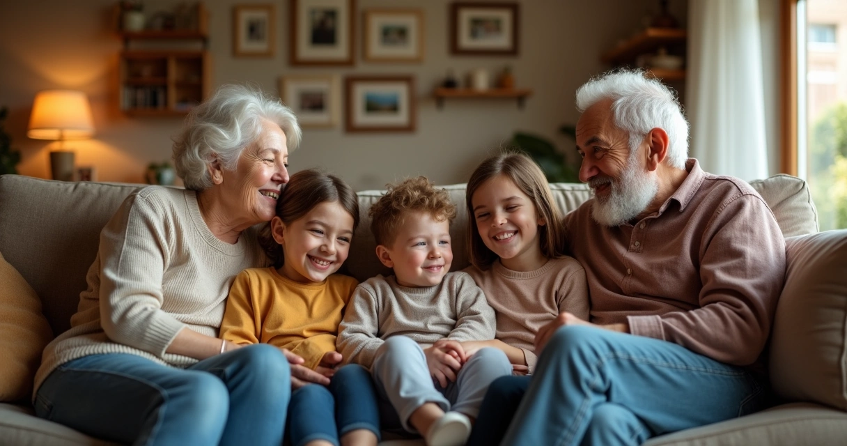 Three generations of a family posing together in a living room, warm lighting and cozy atmosphere.