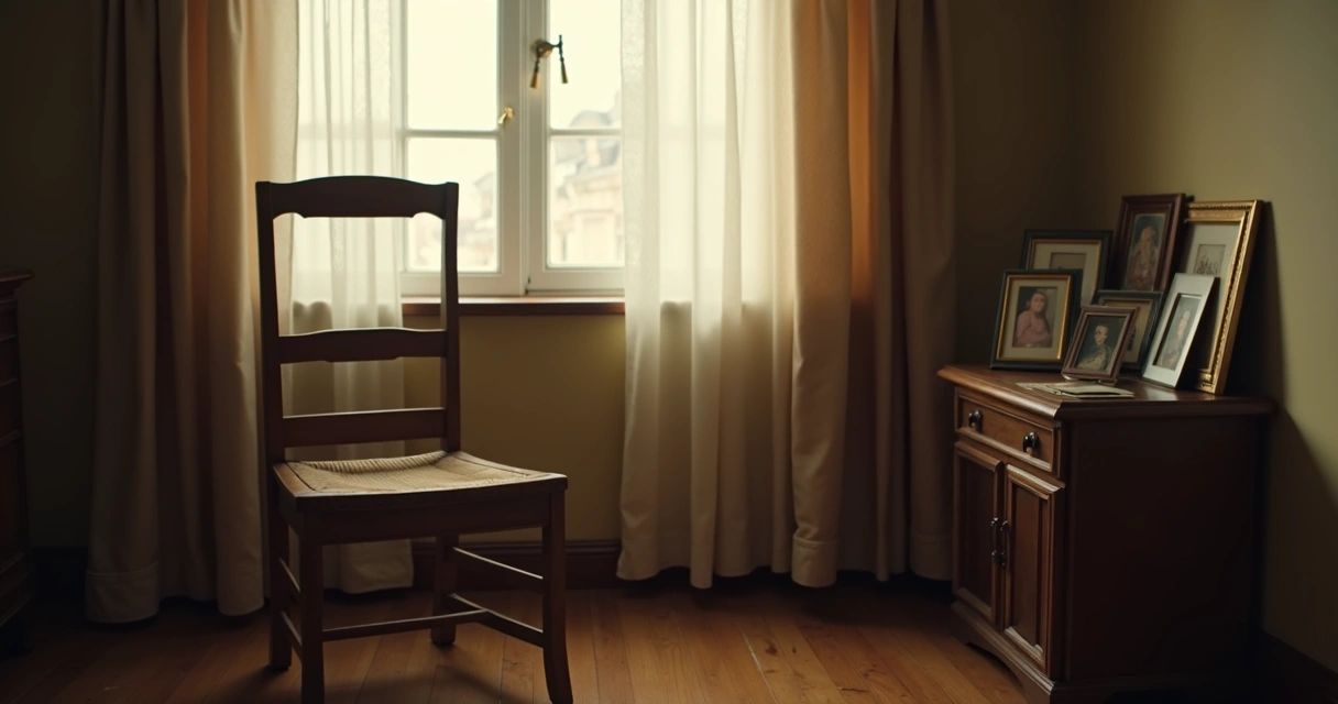 Old family photos beside an empty chair in soft light