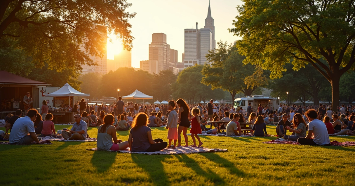 Family picnic listening to live music in park