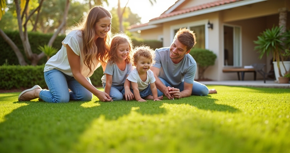 Family playing on clean artificial turf in Florida backyard 