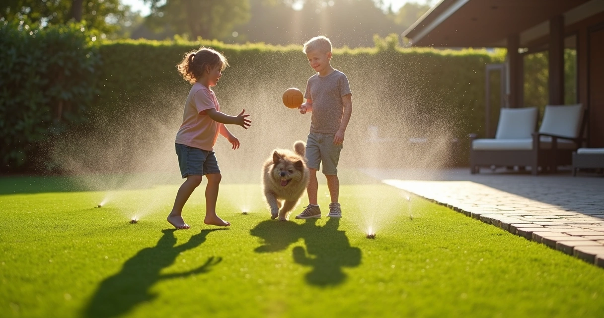 Family playing catch on artificial turf lawn with irrigation running 