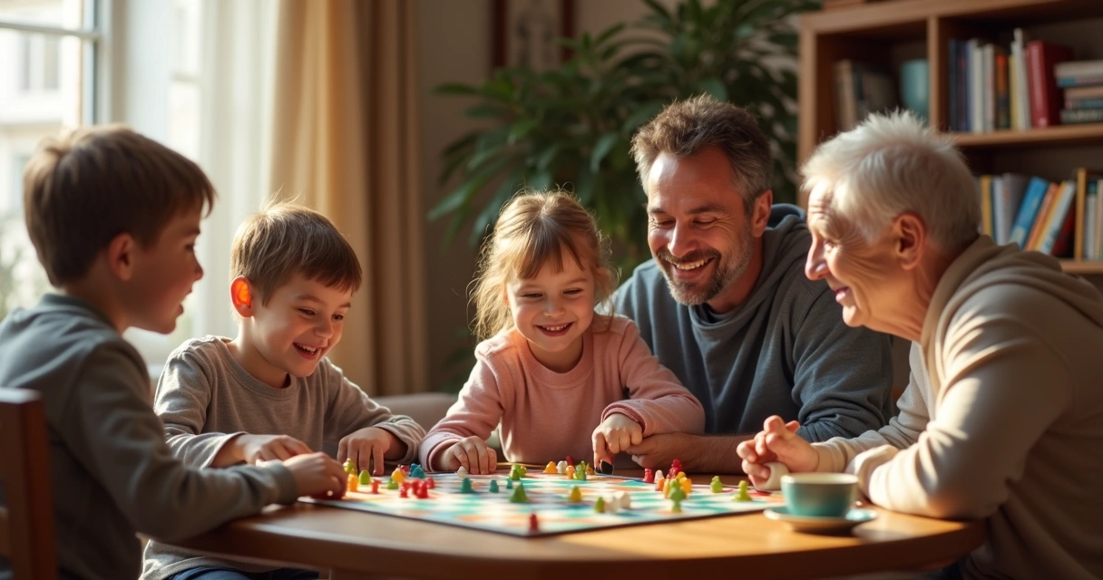 Family members playing a board game together at a table 