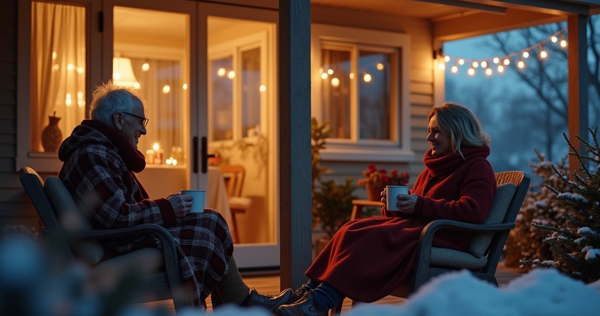 Two relatives sharing a calm talk on a porch during a holiday evening