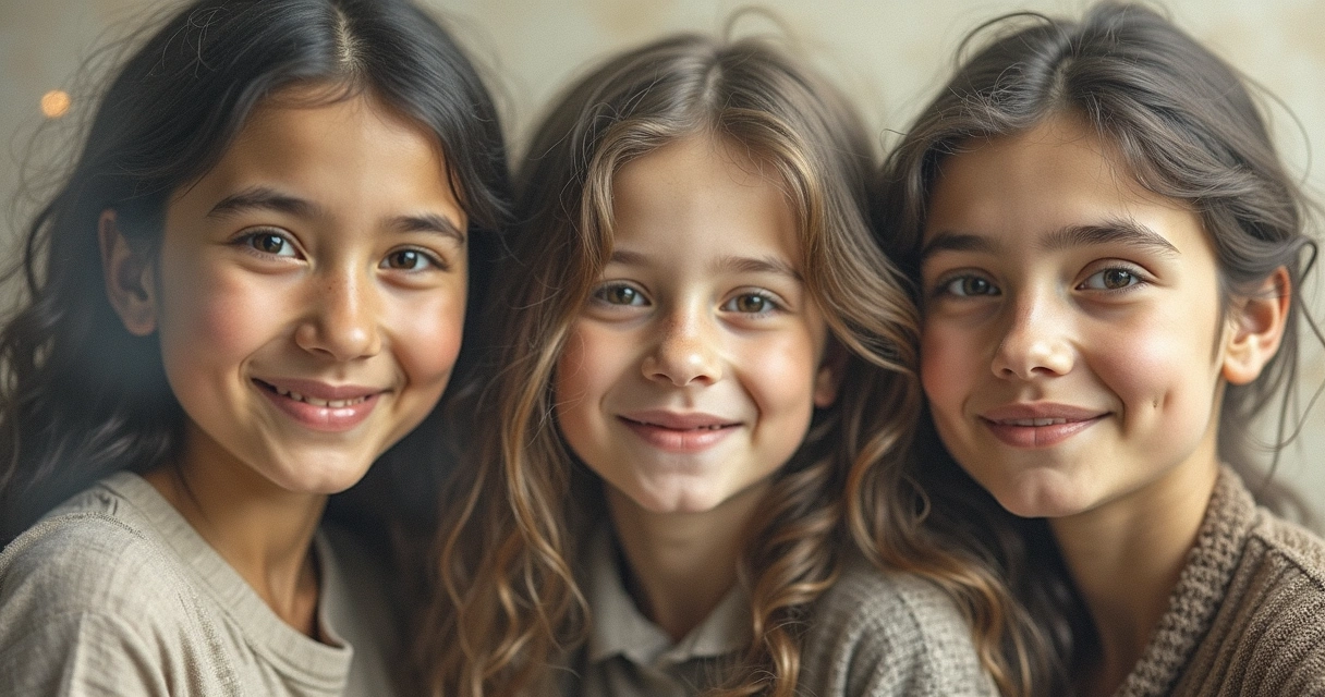 Three generations family portraits overlapping and fading into each other