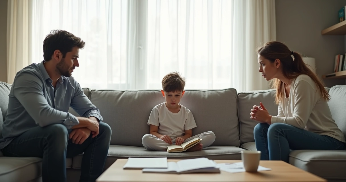 Parents and child in a living room with visible emotional distance and subtle power imbalance 