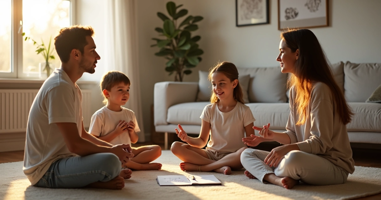 Parents and children sitting together on a living room floor practicing mindful presence 