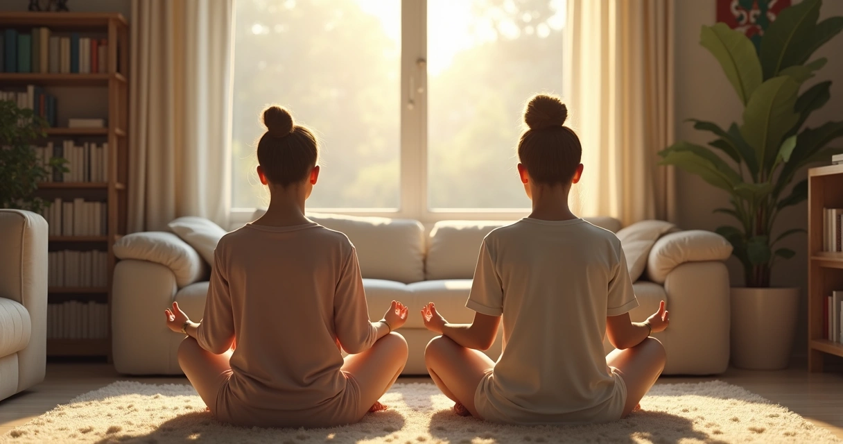 Two family members sitting quietly, eyes closed in meditation, sunlight streaming through a window, in a peaceful home setting. 