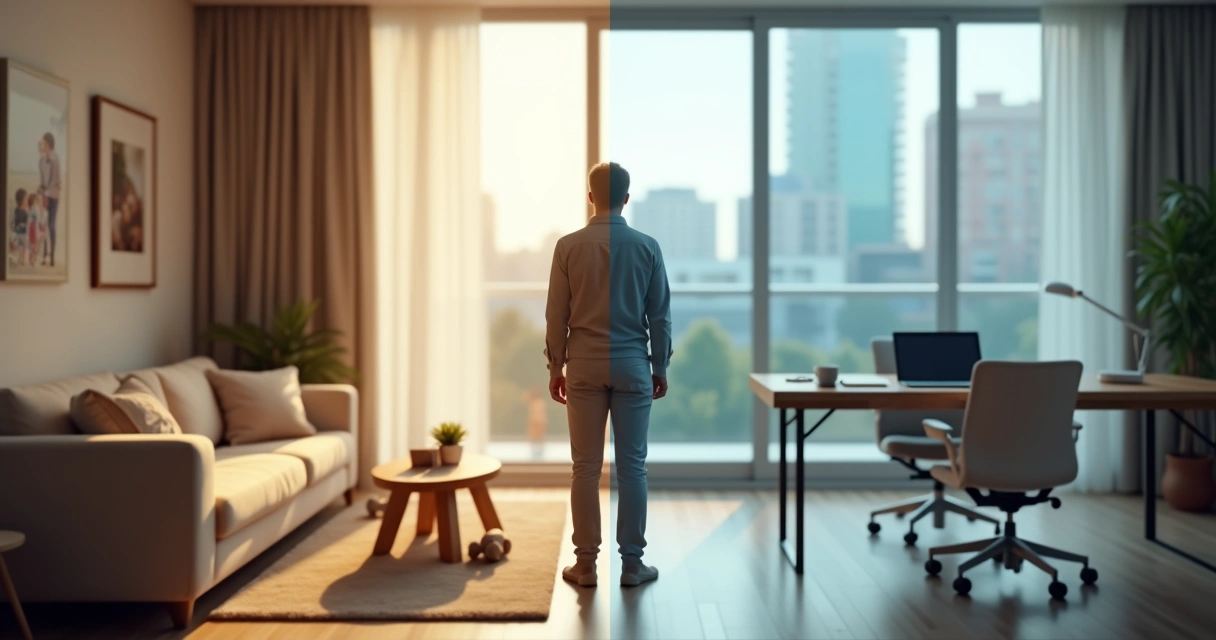 Person divided between family living room and modern office seeking balance 