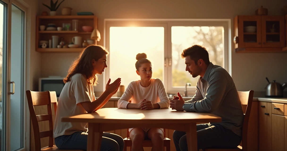 Two adults and a teenager sitting at a kitchen table, all looking frustrated, with reflections of their faces in the window indicating inner tension 
