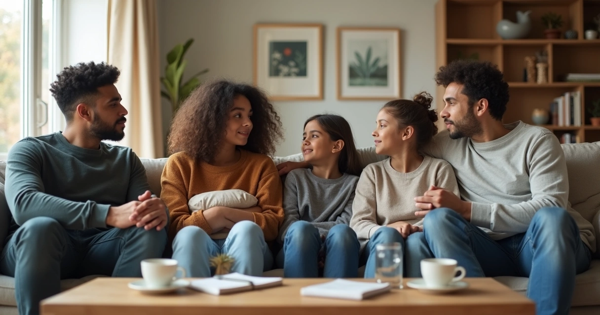 Family talking together on a cozy living room sofa 