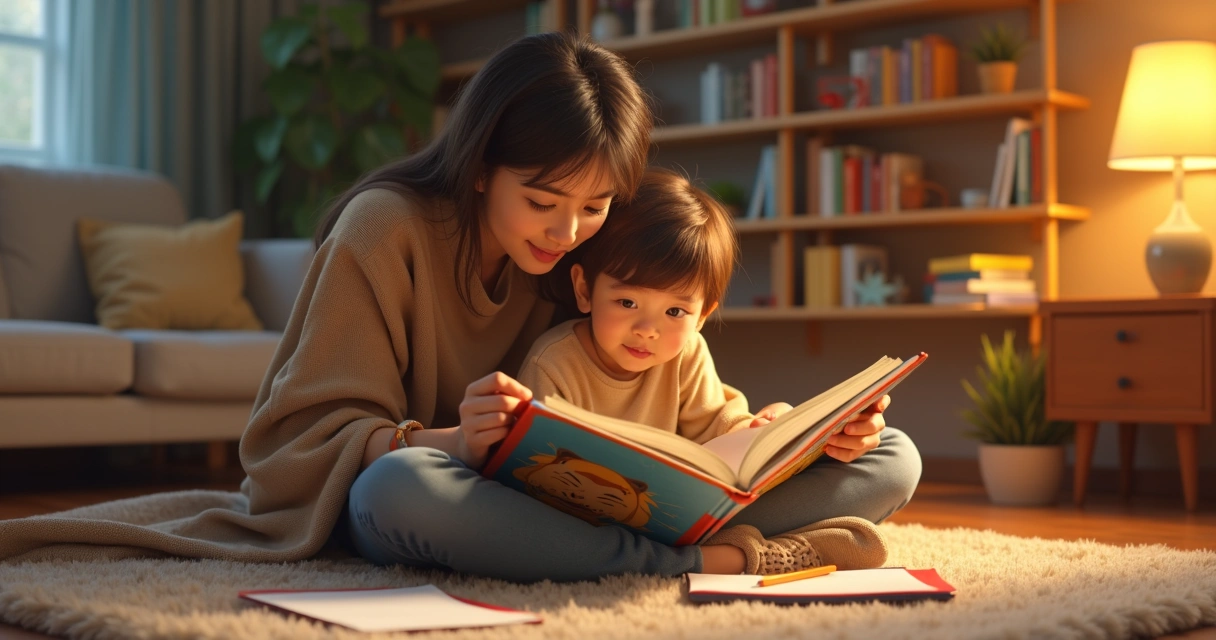 Adult and child reading a picturebook together at home