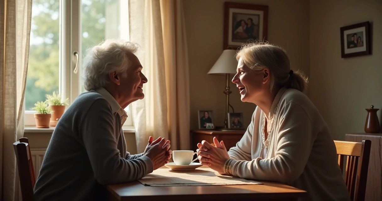 Two people sitting across a kitchen table, hands gently folded, making eye contact in a moment of sincere conversation, with warm sunlight filtering through a window. 