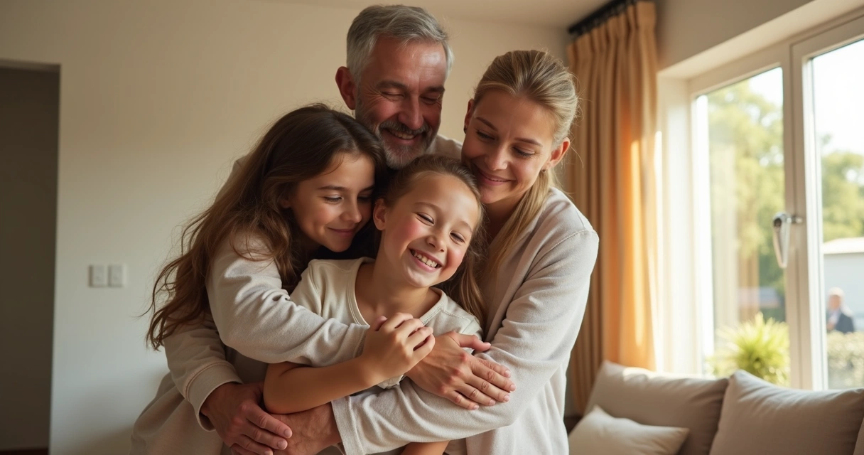 Family embracing, showing reconnection 