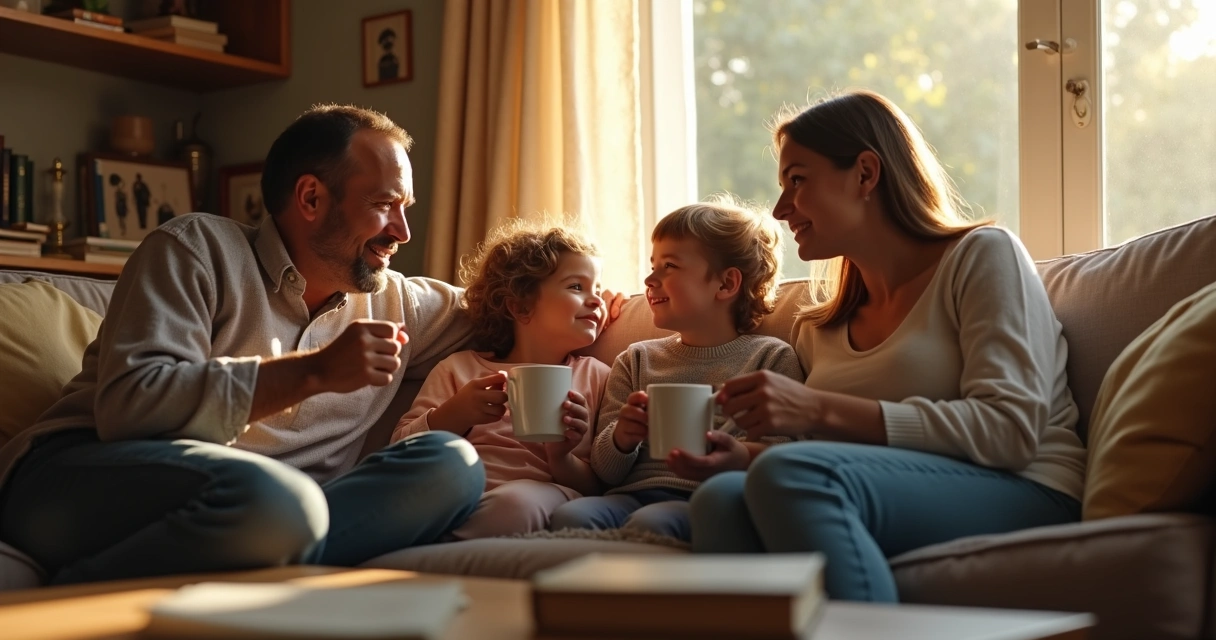 Family sitting together reflecting and talking in living room 